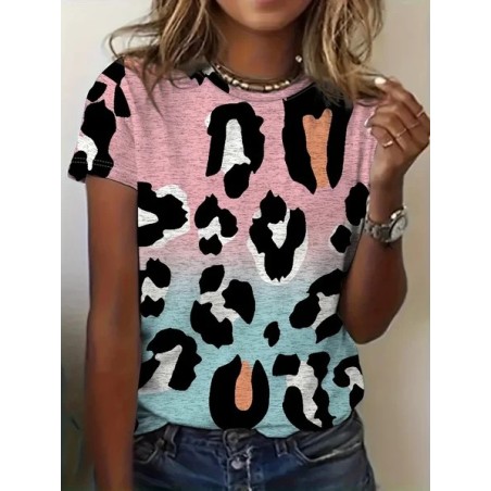 Women Leopard Short Sleeve Tee T-shirt Crew Neck Printing Casual Summer Graphic Tee Top