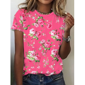 Women Floral Short Sleeve Tee T-shirt Crew Neck Printing Casual Summer Graphic Tee Top
