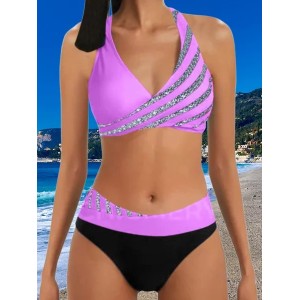 Sexy Two-piece Bikini Swimsuit Women's Striped Sequins Cross Backless Swimsuit