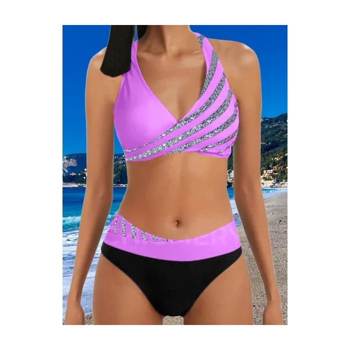 Sexy Two-piece Bikini Swimsuit Women's Striped Sequins Cross Backless Swimsuit