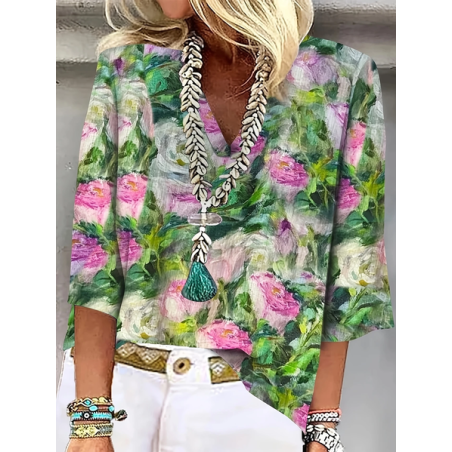 Women Floral Three Quarter Sleeve Blouse Spring/Fall Printing V Neck Daily Casual Top