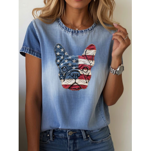 Women Dog Short Sleeve Tee T-shirt Crew Neck Printing Casual Summer Graphic Tee Top