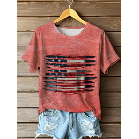 Women Independence Day (Flag) Short Sleeve Tee T-shirt Crew Neck Printing Casual Summer Graphic Tee Top