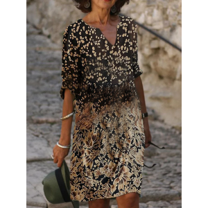 Women Floral Half Sleeve Summer Printing Dress V Neck Daily Casual Mini Shift Dress H-Line Dress