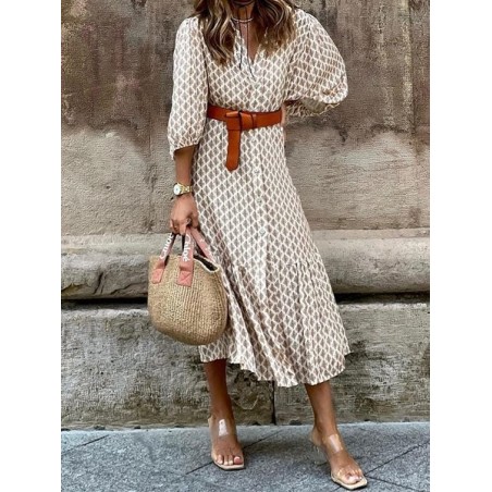 Women Geometric Short Sleeve Summer Printing Dress V Neck Puff Sleeve Daily Casual Maxi Shirt Dress A-Line Dress