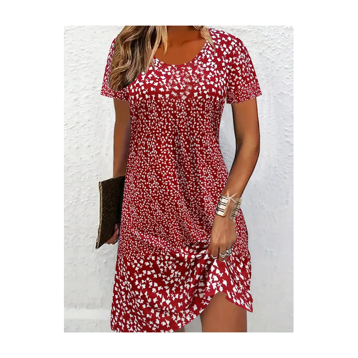 Women Ditsy Floral Short Sleeve Summer Printing Dress Crew Neck Daily Casual Mini Tunic H-Line Dress