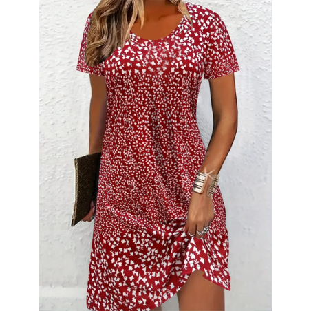 Women Ditsy Floral Short Sleeve Summer Printing Dress Crew Neck Daily Casual Mini Tunic H-Line Dress
