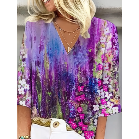 Women Floral Three Quarter Sleeve Blouse Spring/Fall Printing V Neck Daily Casual Top