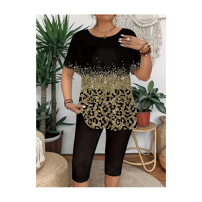 Women Leopard Short Sleeve Tee T-shirt Crew Neck Printing Casual Summer Graphic Tee Top