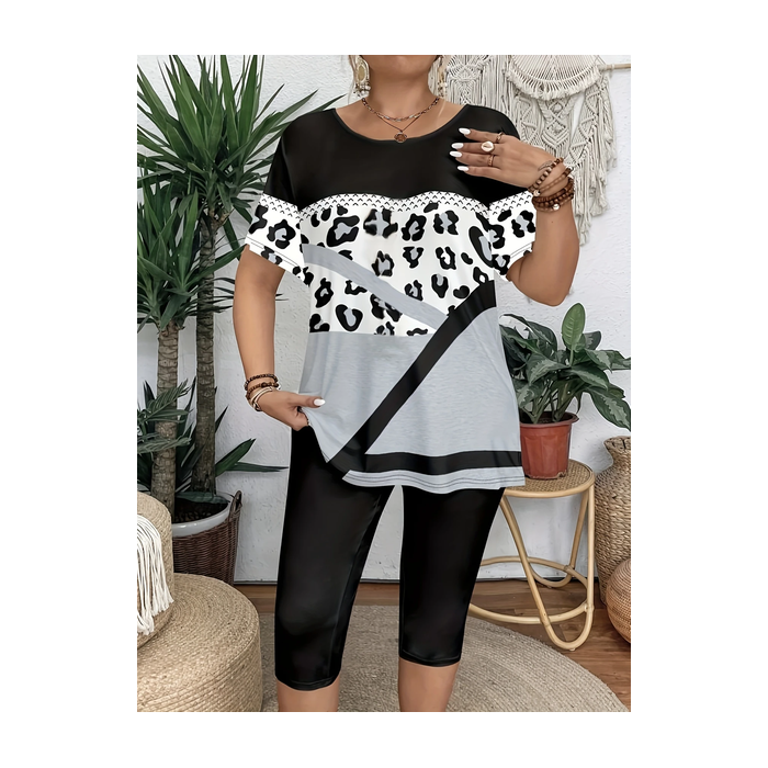 Women Leopard Short Sleeve Tee T-shirt Crew Neck Printing Casual Summer Graphic Tee Top