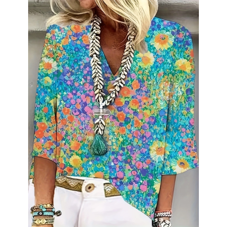 Women Floral Three Quarter Sleeve Blouse Spring/Fall Printing V Neck Daily Casual Top