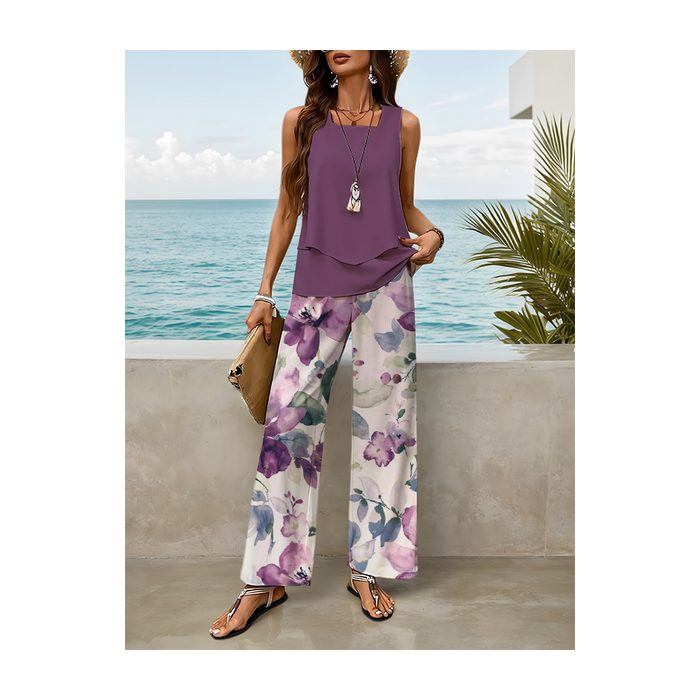 Women Floral Printing Two-Piece Set Daily Sleeveless Casual Summer Top With Pants Matching Set
