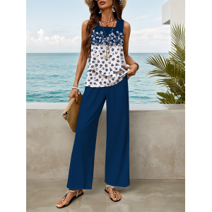 Women Floral Printing Two-Piece Set Daily Sleeveless Casual Summer Top With Pants Matching Set