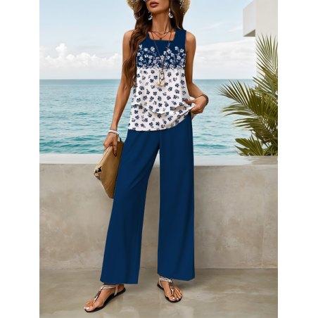 Women Floral Printing Two-Piece Set Daily Sleeveless Casual Summer Top With Pants Matching Set