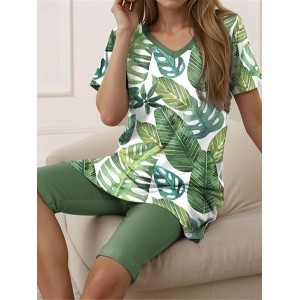 Women Floral Two-Piece Set Daily Short Sleeve Casual Summer Top With Pants Matching Set