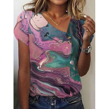 Women Geometric Short Sleeve Tee T-shirt Asymmetrical Buckle Vintage Summer Top