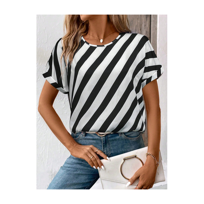 Women Striped Short Sleeve Tee T-shirt Crew Neck Printing Casual Summer Graphic Tee Top