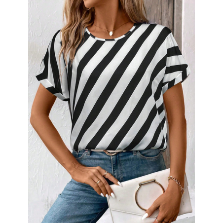 Women Striped Short Sleeve Tee T-shirt Crew Neck Printing Casual Summer Graphic Tee Top
