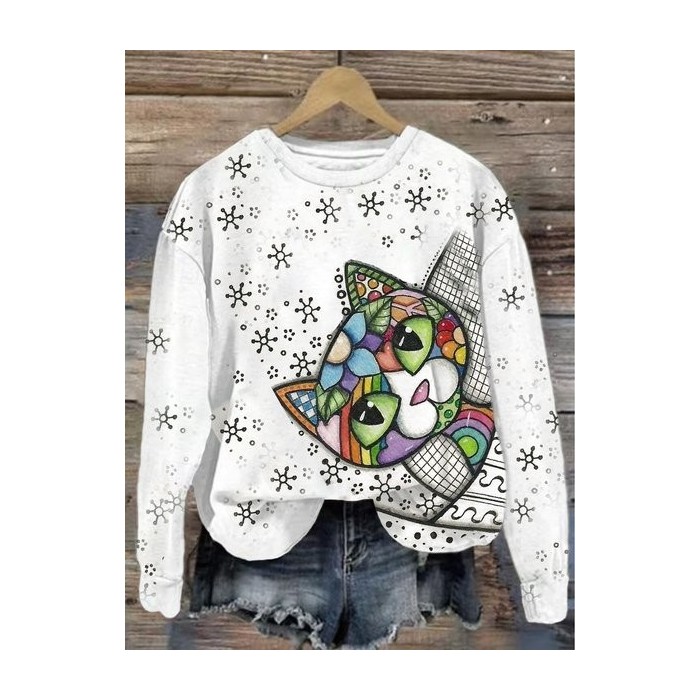 Women's Crew Neck Cat Casual Spring/Fall Cotton Long Sleeve Sweatshirt