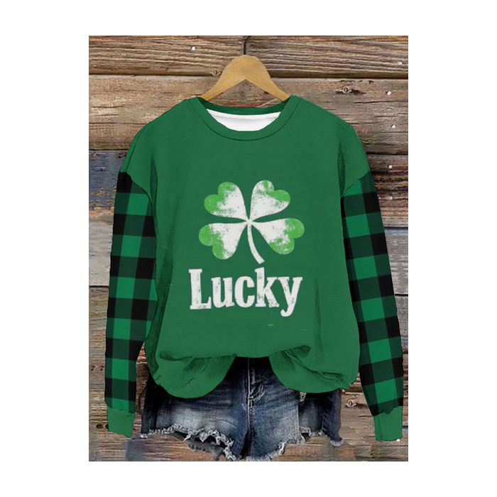 Women's St Patricks Day Lucky Four-leaf Clover Print Long Sleeve Crew Neck Floral Sweatshirt