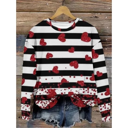 Women's Valentine's Day Striped Love Hear Print Long Sleeve Sweatshirt