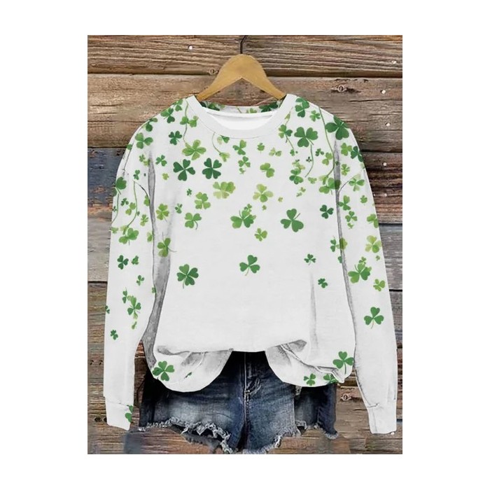 Women's St Patricks Day Shamrock Print Casual Long Sleeve Crew Neck Floral Sweatshirt