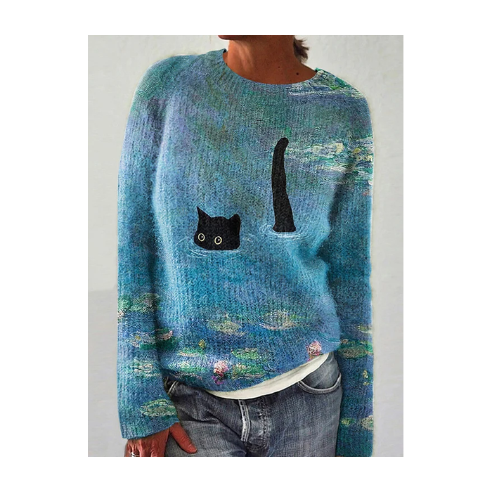 Women's Winter 3D Printing Casual Long Sleeve Crew Neck Knitted Sweater