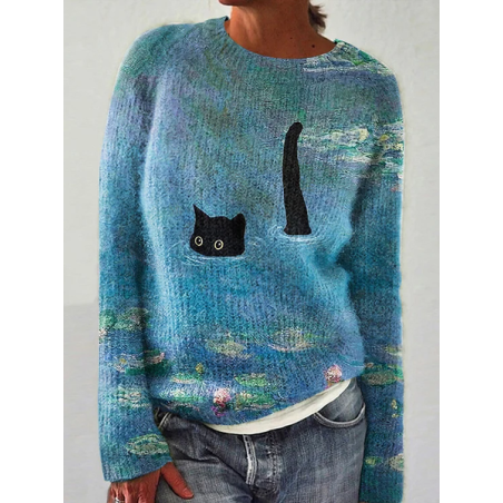 Women's Winter 3D Printing Casual Long Sleeve Crew Neck Knitted Sweater