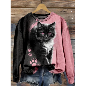 Women's Crew Neck Cat Casual Spring/Fall Long Sleeve Sweatshirt