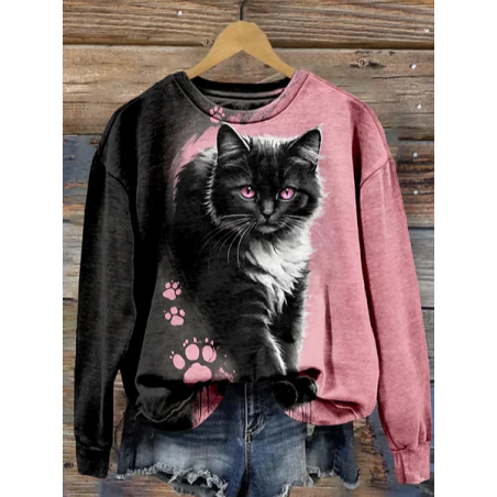 Women's Crew Neck Cat Casual Spring/Fall Long Sleeve Sweatshirt