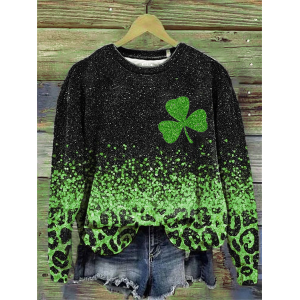 Women's Leopard St. Patrick's Day Floral Shamrock Casual Spring/Fall Long Sleeve Sweatshirt