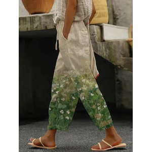 Women's Floral  Trousers Straight Pants Daily Going Out Casual Printing Linen Blend Floral Spring/Fall Pants