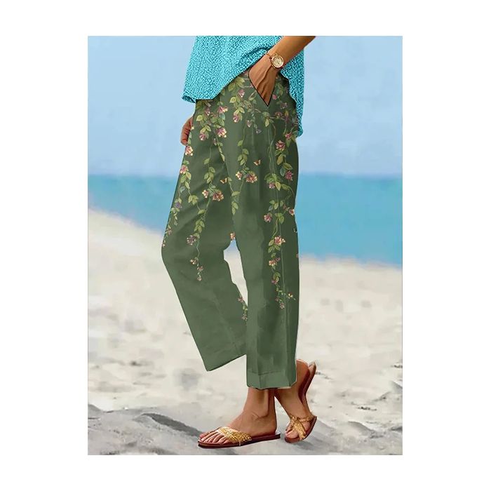 Women's Trousers Straight Pants Daily Going Out Casual Printing Linen Blend Floral Spring/Fall Pants