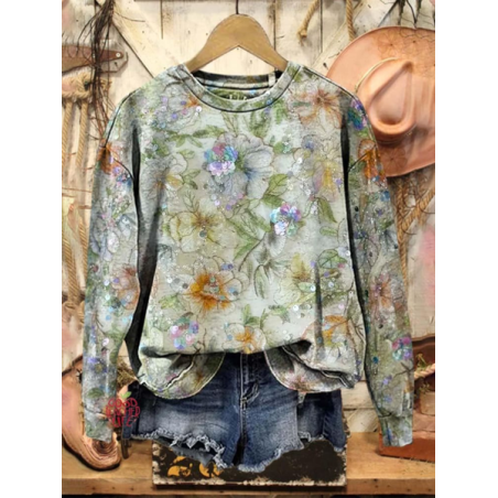 Women's Crew Neck Floral Printing Casual Spring/Fall Long Sleeve Sweatshirt