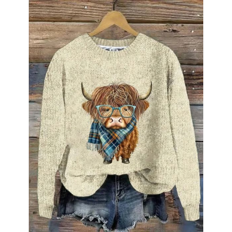 Women's Winter 3D Printing Casual Long Sleeve Crew Neck Knitted Sweater