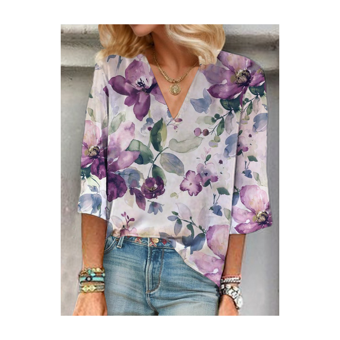 Women Floral Three Quarter Sleeve Blouse Spring/Fall V Neck Daily Casual Top