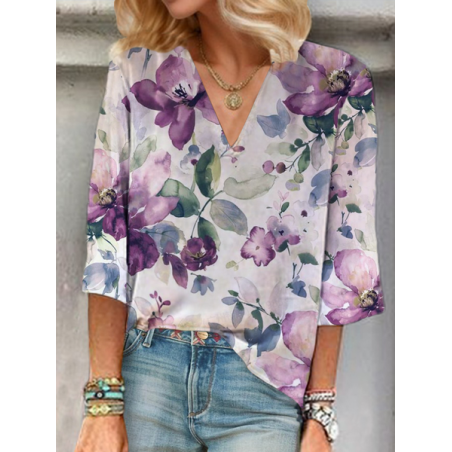 Women Floral Three Quarter Sleeve Blouse Spring/Fall V Neck Daily Casual Top