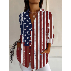 Women Independence Day (Flag) Long Sleeve Shirt Spring/Fall Buckle Shirt Collar Daily Casual Top