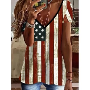 Women Independence Day (Flag) Short Sleeve Tee T-shirt V Neck Printing Casual Summer Graphic Tee Top