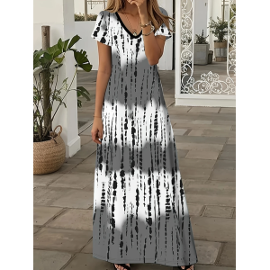 Women Abstract Stripes Short Sleeve Summer Printing Dress V Neck Daily Casual Maxi X-Line Dress