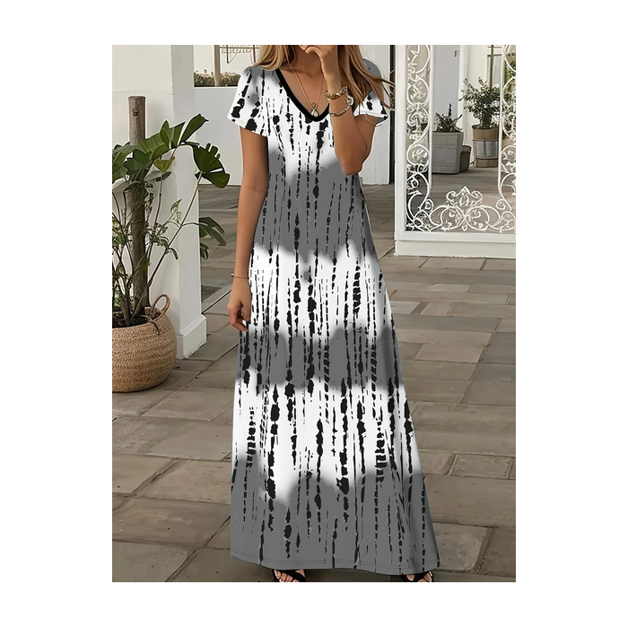 Women Abstract Stripes Short Sleeve Summer Printing Dress V Neck Daily Casual Maxi X-Line Dress