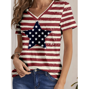 Women Star Short Sleeve Tee T-shirt V Neck Printing Casual Summer Graphic Tee Top