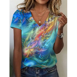 Women Abstract Short Sleeve Tee T-shirt V Neck Printing Casual Summer Graphic Tee Top