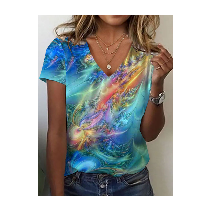 Women Abstract Short Sleeve Tee T-shirt V Neck Printing Casual Summer Graphic Tee Top