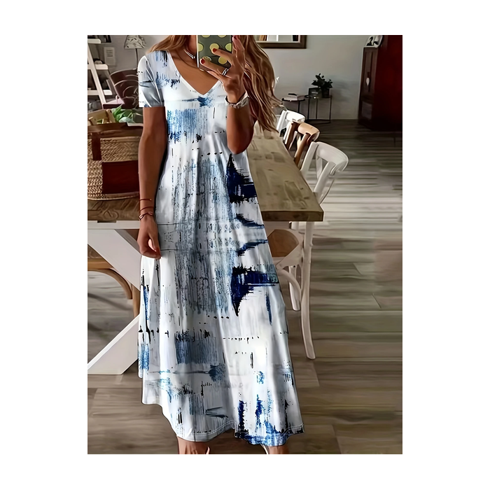 Women Abstract Short Sleeve Summer Printing Dress V Neck Daily Casual Maxi X-Line Dress