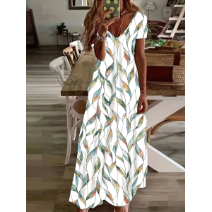 Women Floral Short Sleeve Summer Printing Dress V Neck Daily Casual Maxi X-Line Dress