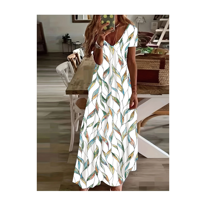 Women Floral Short Sleeve Summer Printing Dress V Neck Daily Casual Maxi X-Line Dress