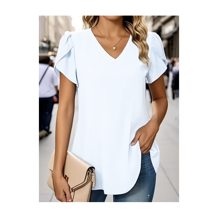 Women Plain Short Sleeve Tee T-shirt V Neck Casual Summer Top