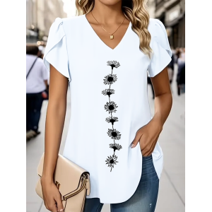 Women Floral Short Sleeve Tee T-shirt V Neck Printing Casual Summer Graphic Tee Top