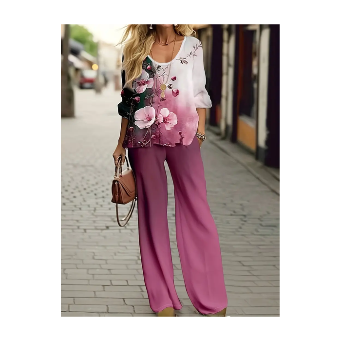 Women Floral Printing Two-Piece Set Daily Long Sleeve Casual Spring/Fall Top With Pants Matching Set